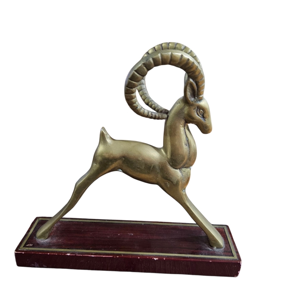 VINTAGE Brass Gazelle On Wooden Base